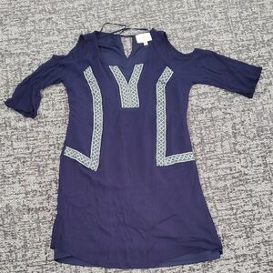 Navy Cold Shoulder Dress with Embroidered Accents